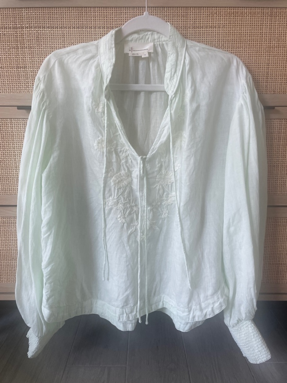 Anthropolgie Light Green Embroidered V-Neck Linen Blouse